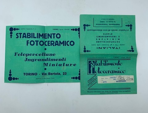 Stabilimento fotoceramico, Torino. Fotoporcellane, ingrandimenti, miniature. Listino porcellane 1 e 2, 1939